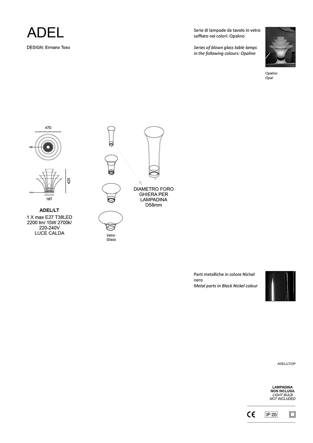 scheda tecnica adel lampada vetro soffiato da tavolo